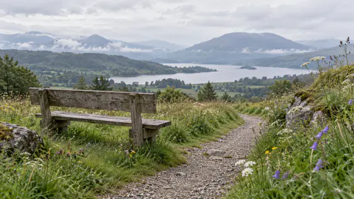 An empty weathered wooden bench faces the view beside a gravel footpath that winds through a flowering meadow toward distant hills in soft morning light with dew on the grass.