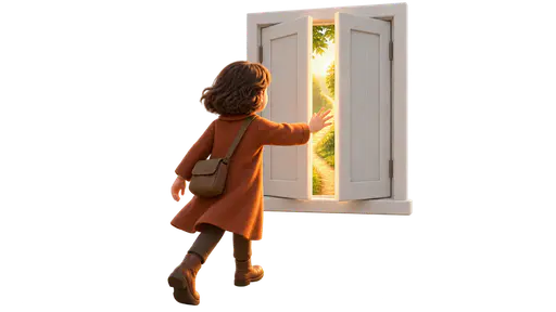 A window of opportunity: a small traveler reaching through the narrowing opening of a freestanding shuttered window toward a bright visible path, progress possible while the opening lasts.