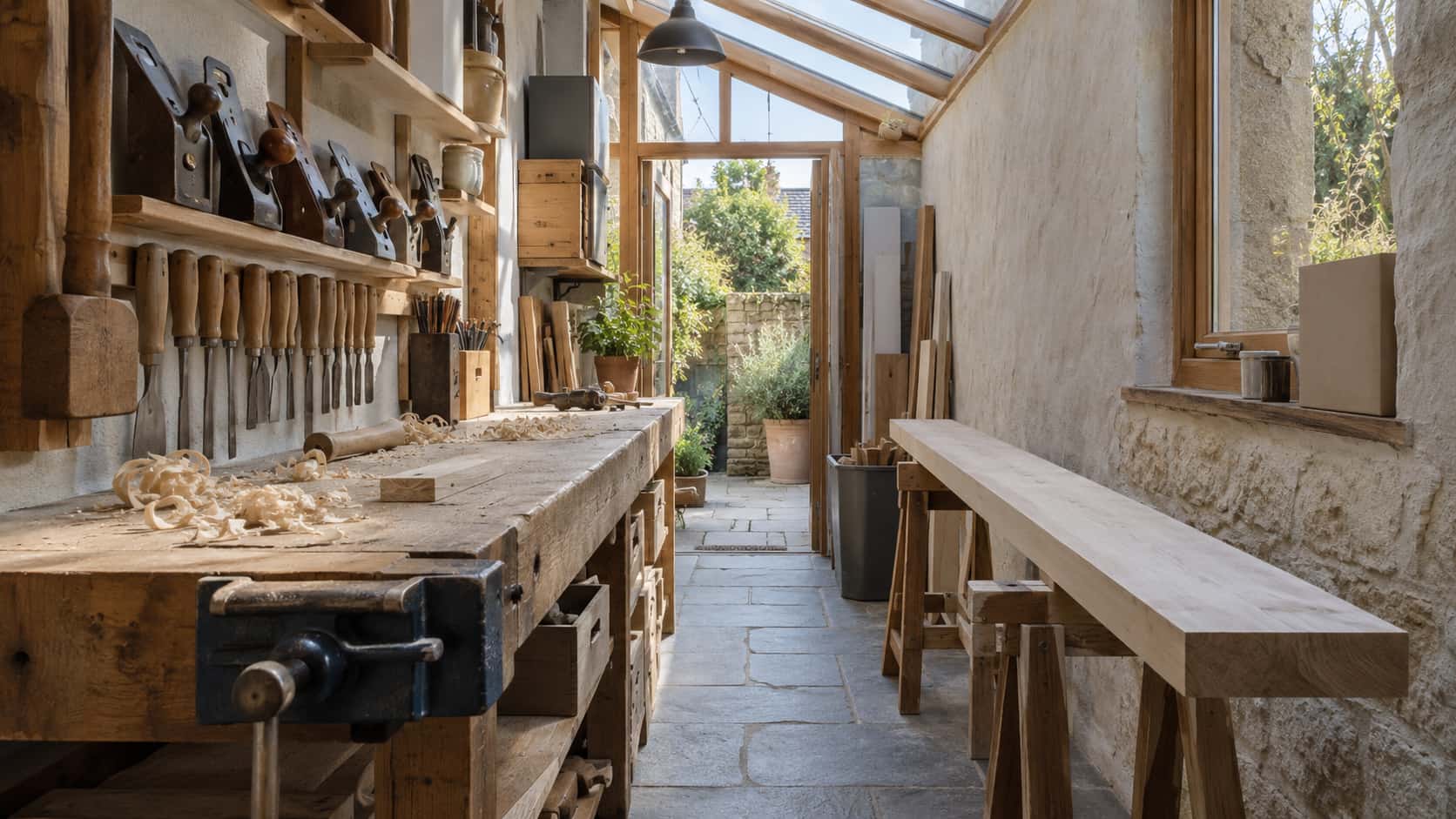 A woodworking bench fills a narrow lean-to annex against the side of a house with hand planes and chisels hung in a tidy row above it, a vice at one end and a long board on trestles beside it in bright side light.