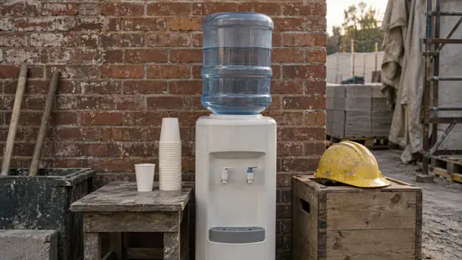A worksite water cooler topped with a large water bottle stands against a brick yard wall with a stack of paper cups beside it and a hard hat resting on a crate nearby in warm light.