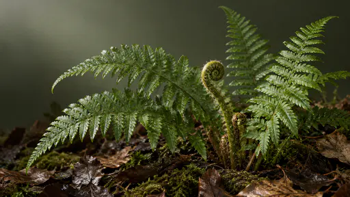 One young fern frond still curled at its tip unfurls beside several fully opened mature fronds over damp leaf litter in soft forest light.