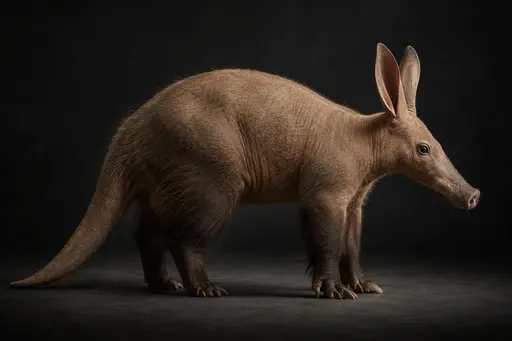 A single aardvark stands in a full body side profile facing right with long upright ears, a long tubular snout and tan sandy skin against a dark charcoal studio gradient with a soft vignette.