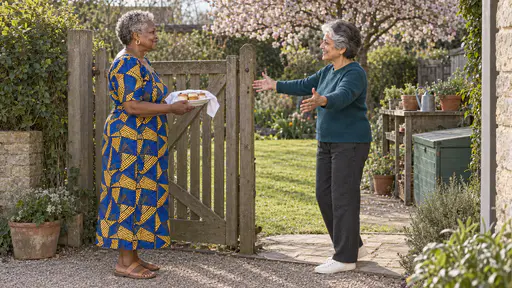 An older woman with short silver curls in a blue and yellow wax-print dress holds a plate of small cakes under a white napkin at a wooden garden gate while a petite woman with short silver hair in a teal sweater greets her with open arms in low golden light.