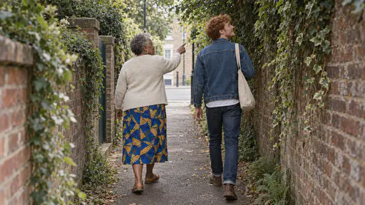 An older woman in a cobalt dress points ahead as she leads a young man with a canvas bag down a narrow brick alley between ivy-covered garden walls toward a bright street in dappled light.