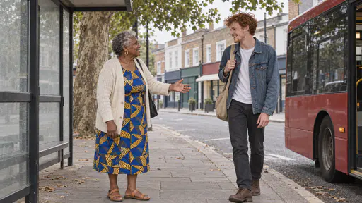 An older woman in a cobalt dress and cream cardigan greets a young red-haired man in a denim jacket with a canvas bag under a plane tree beside a blank bus shelter in soft morning light.