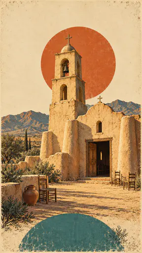 A small adobe church with rounded buttresses, a plain bell tower and an open wooden door stands in desert light with a few chairs set out in the swept plaza.