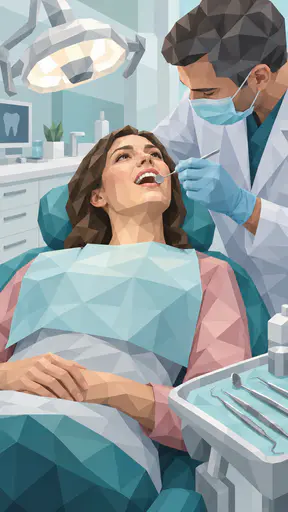 A fictional adult sits in a reclined dental chair with an open relaxed mouth while a masked dentist holds a mirror and a small probe in a coarse polygon figure of angled colour cells.