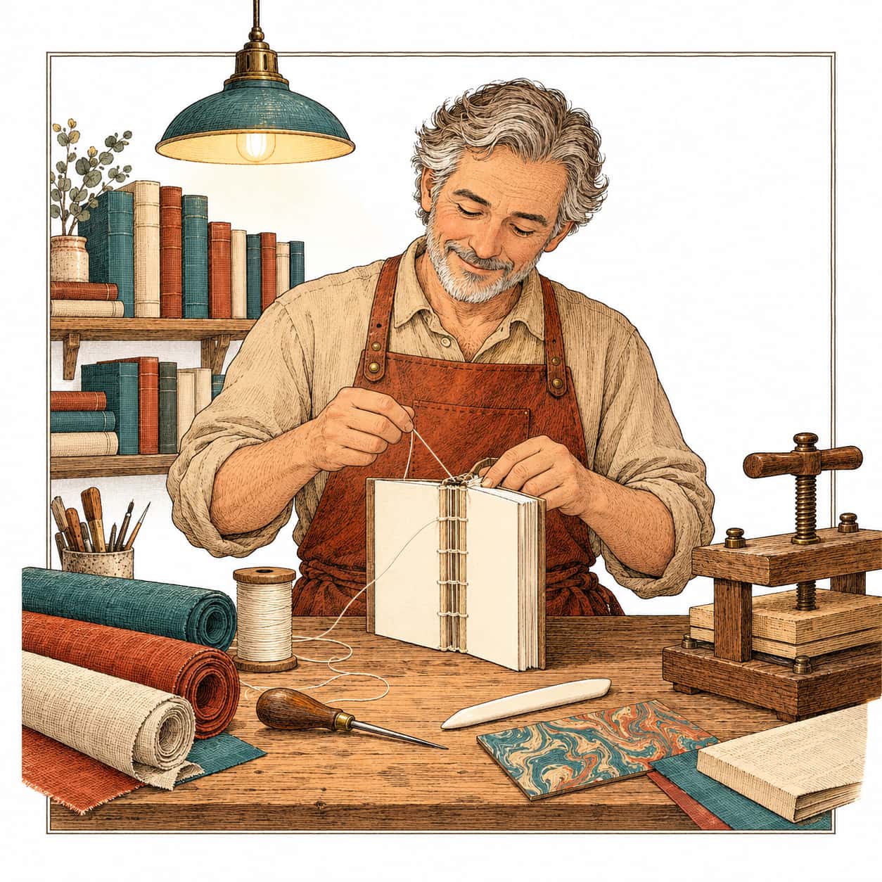 A fictional adult man in a leather apron stitches the spine of a blank book at a workbench with a bone folder, an awl, thread and a small press under a lamp in a fine etched line storybook illustration.