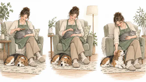 A fictional adult caretaker in a green apron gently brushes a grey adult cat in her lap with an adult beagle resting at her feet in three connected borderless drawn vignettes.