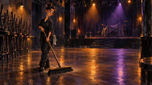 A fictional adult cleaner sweeps an empty club dance floor with a wide broom beside stacked stools and a silent stage in an expressive gouache caricature with amber and violet pools of light.