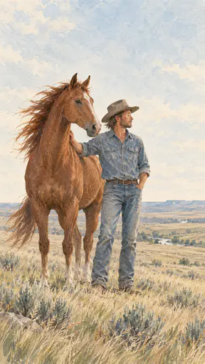 A fully clothed adult in a denim shirt and a worn felt hat stands beside a tall chestnut horse with one hand on its neck looking out across an open prairie in loose gouache.