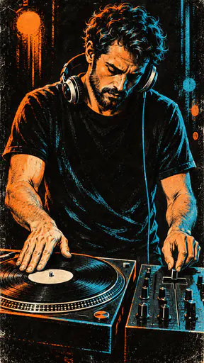 A fictional adult DJ holds one headphone cup to an ear with a hand on a turntable platter cueing a track beside a mixer in orange, cyan and off white spot colour on deep black paper.