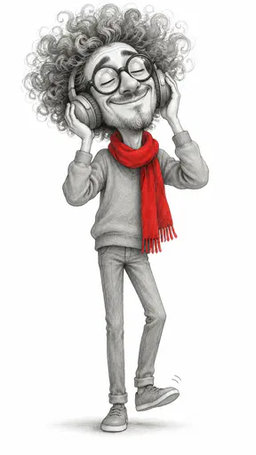 A fictional adult DJ with a balloon head and a cloud of scribble hair presses over ear headphones to both ears with eyes closed and a smile wearing a red scarf as the one accent.