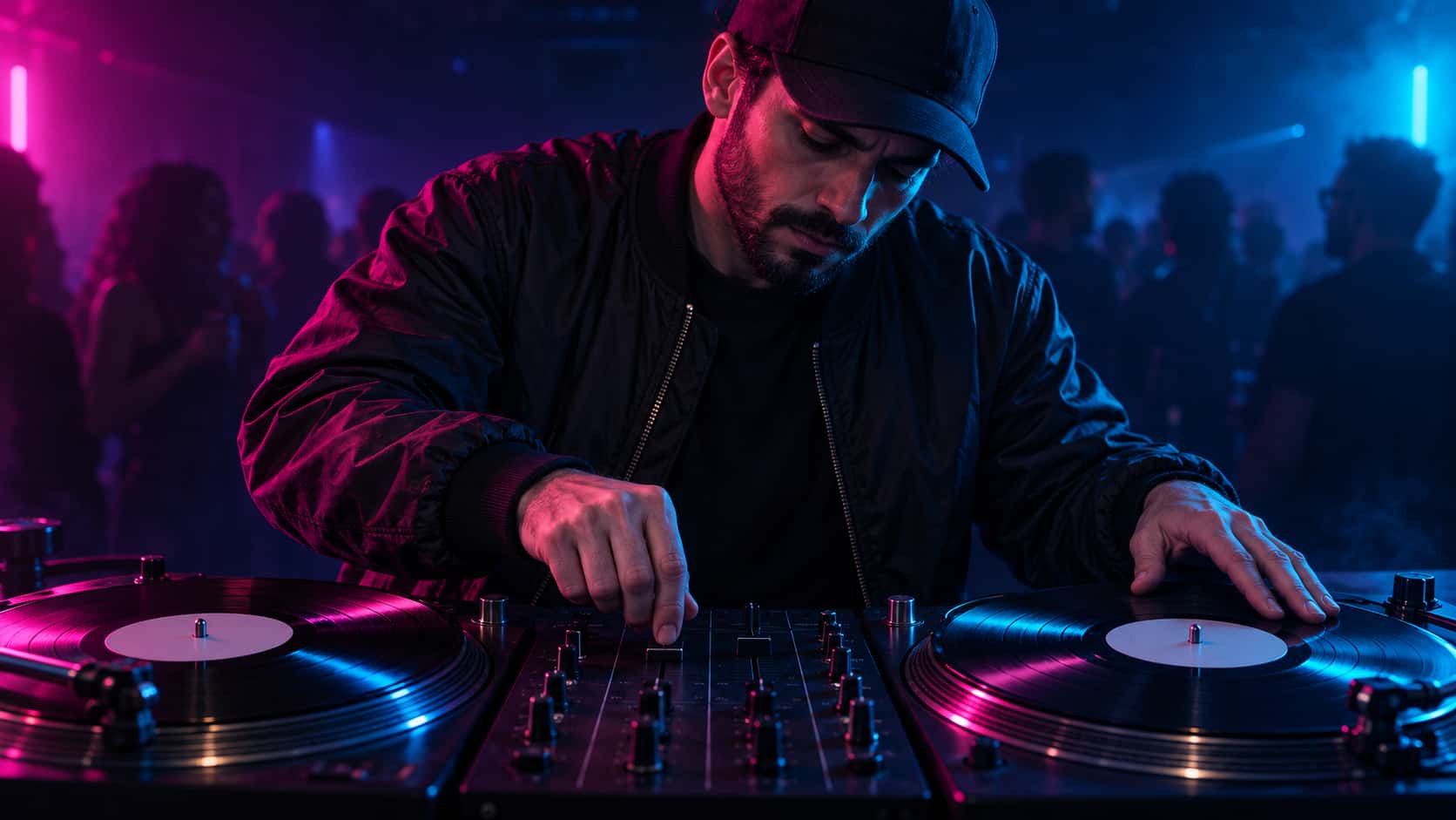 A fictional adult DJ in a bomber jacket and cap mixes between two turntables with a hand on the fader under magenta and cyan light in a dim club.