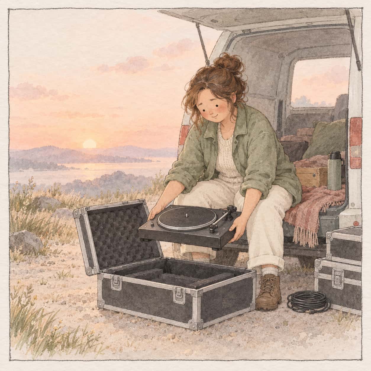 A fictional adult DJ in a soft green jacket sits on a van tailgate at dawn lowering a plain turntable into a padded flight case beside stacked cases and a coiled cable in pastel ink and wash.