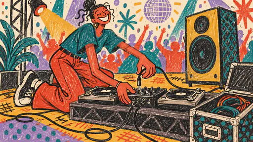A fictional adult DJ with long limbs and a big grin kneels on a stage floor plugging cables into a mixer and two turntables beside a speaker and an open flight case in crayon scribble.