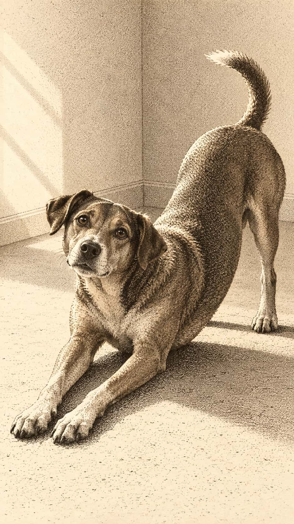 An adult dog with a smooth short coat stretches in a play bow on a bare floor with its haunches raised and a long cast shadow in sepia dot engraving.
