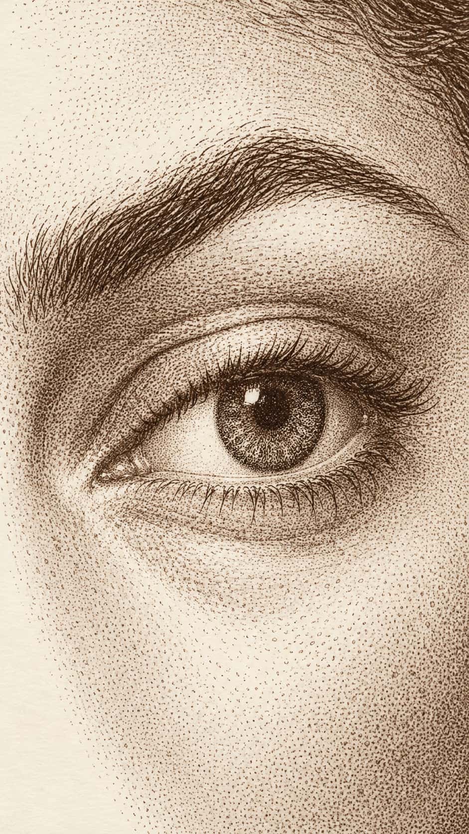 One open adult eye with an upper lid fold, lashes, an arched brow with individual hair direction and the soft skin of the temple is drawn in engraved dots and flicks.