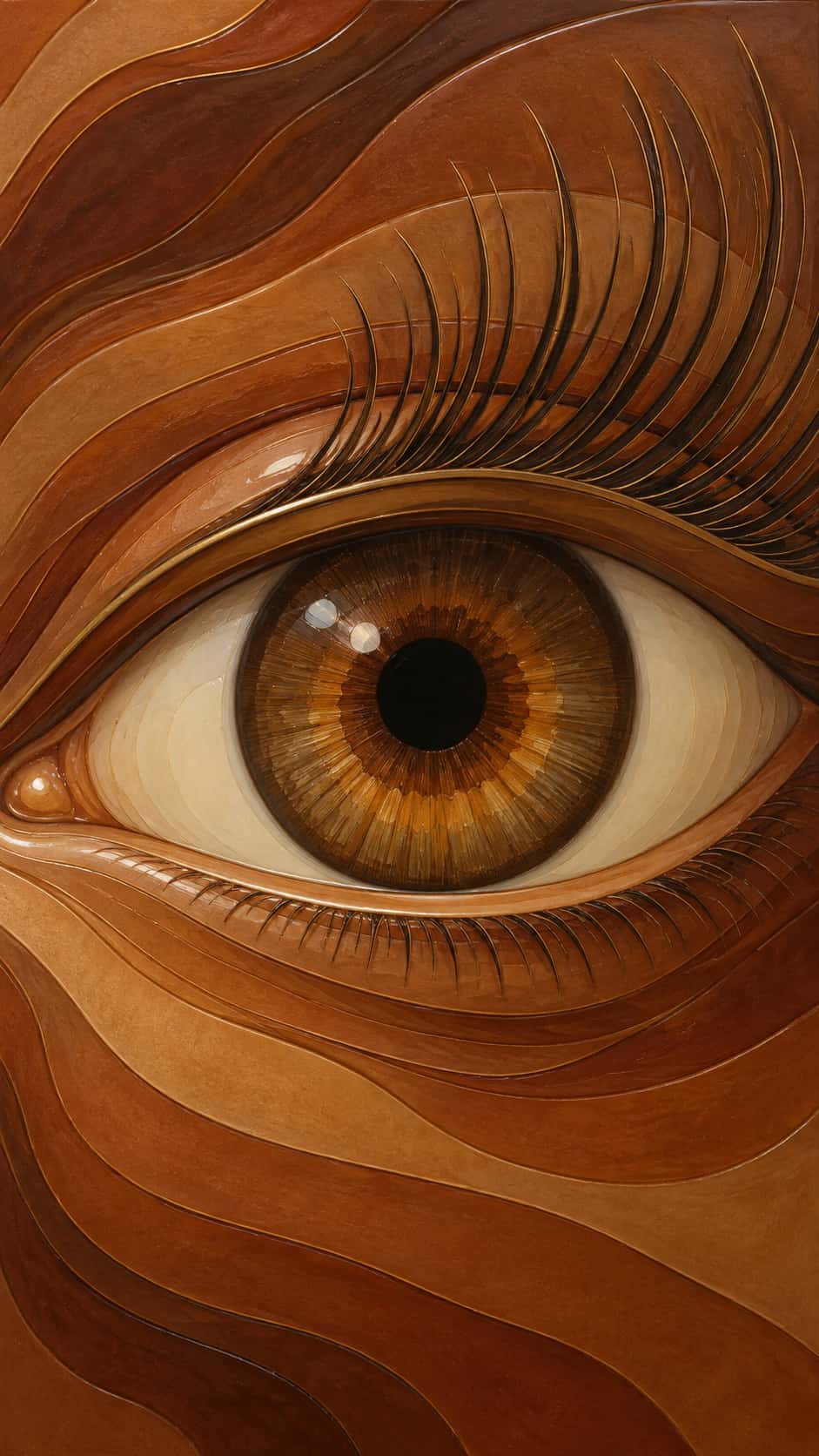 One calm open adult eye has long upward curving lashes drawn as fine cut lines and a nested iris of amber, bronze and deep brown rings around a round pupil in cut lacquer layers.