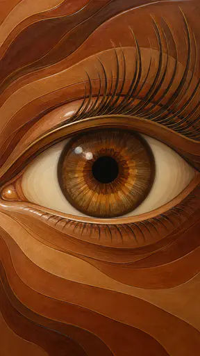 One calm open adult eye has long upward curving lashes drawn as fine cut lines and a nested iris of amber, bronze and deep brown rings around a round pupil in cut lacquer layers.