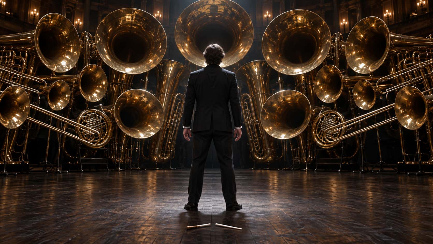 Facing the music: a lone adult stands square before a semicircle of enormous brass instrument bells aimed like a confrontation, broken baton down, hands open.