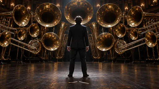 Facing the music: a lone adult stands square before a semicircle of enormous brass instrument bells aimed like a confrontation, broken baton down, hands open.