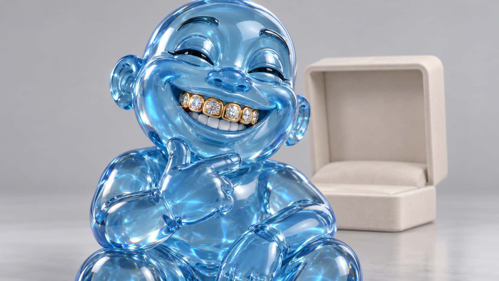 A fictional adult toy figure smiles broadly with a plain gem set grill covering the upper front teeth in a glossy translucent 3D render with refraction and prisms.
