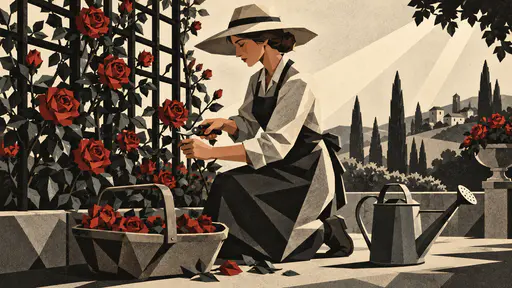 A fully clothed adult gardener in an apron and a wide hat kneels to prune roses with shears beside a watering can, a trug of flowers and a trellis.