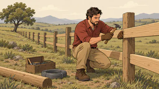 A fully clothed adult in a work shirt and gloves crouches beside a wooden post and rail fence hammering a new rail into a post with a toolbox and a coil of wire nearby.