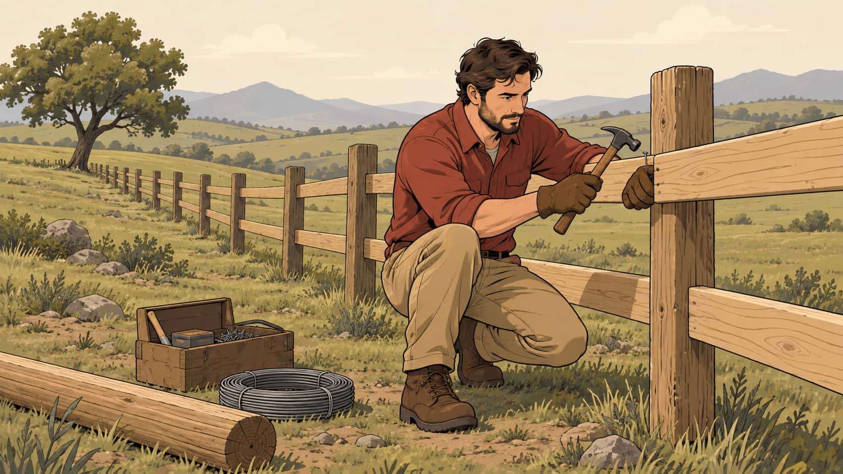 A fully clothed adult in a work shirt and gloves crouches beside a wooden post and rail fence hammering a new rail into a post with a toolbox and a coil of wire nearby.