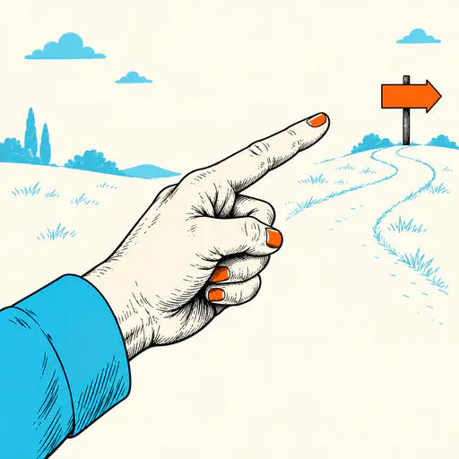 A fictional adult hand points its index finger firmly toward the upper right in a playful pen and ink cartoon with cyan and orange blocks and a plain orange road sign.