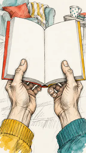 Two fictional adult hands grip an open paperback with blank pages in a loose sketchbook caricature with cross hatching, visible construction lines and bright washes.
