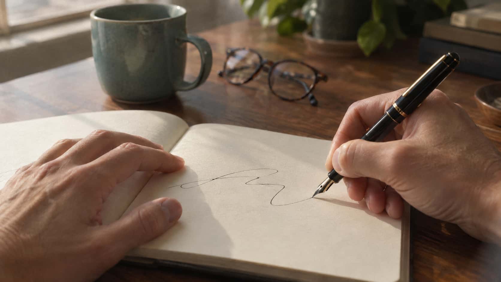 A fictional adult right hand writes a loose abstract line on a cream notepad with a black fountain pen while the left hand steadies the page in an analog film photograph.