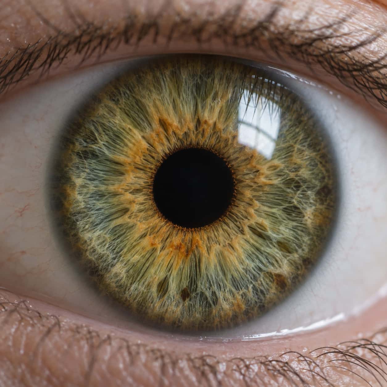 A healthy adult hazel green iris is shown in extreme close up with radial fibres, a golden ring around a round pupil, fine lashes and a soft window reflection in a macro photograph.