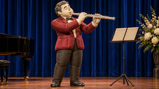 A fictional adult inflatable figure in a dark red jacket plays a long silver flute with pursed lips on a small stage beside a blank music stand in stitched fabric gore panels.