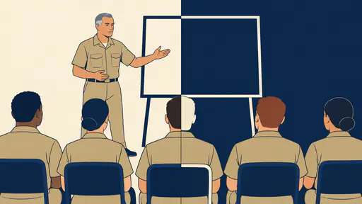 A fictional adult man instructor in a khaki uniform points at a blank map board before a row of seated adult trainees in a flat counterchanged drawing in khaki and navy.