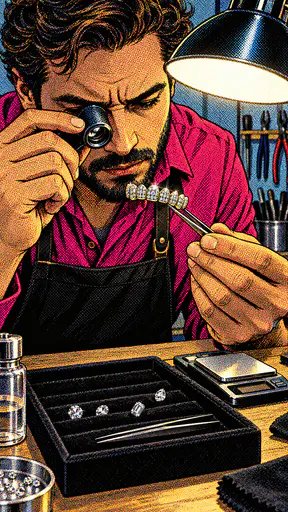 A fictional adult jeweler in a magenta shirt examines a gem set dental grill held in tweezers through a loupe at a workbench in a comic print made of CMYK dot screens.