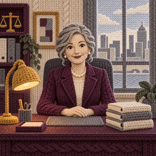 A fictional adult woman lawyer with grey hair in a plum blazer sits at a tidy desk with a lamp, blank files and a plant in a knitted cable relief picture with a skyline.