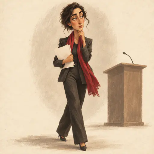 A fictional adult woman lawyer in a charcoal suit and crimson scarf paces with a hand on her chin holding blank pages in a warm grainy editorial caricature on cream.