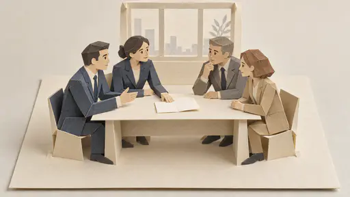 Two fictional adult lawyers in dark suits sit across a folded paper table from two adult clients in a hinged paper pop up scene with a blank folded sheet at the centre.