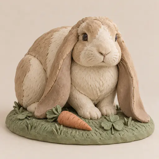 A fully grown lop eared rabbit with a cream and fawn coat crouches on a grassy mound beside a clay carrot and clover leaves in a sculpture of joined soft clay slabs.