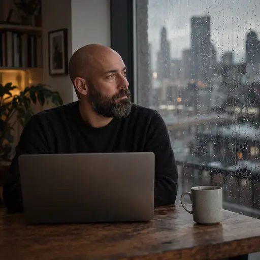 A fictional adult man with a shaved head and a beard in a dark sweater sits at a desk with a laptop and a mug looking out at a rain streaked window with a blurred grey city beyond.