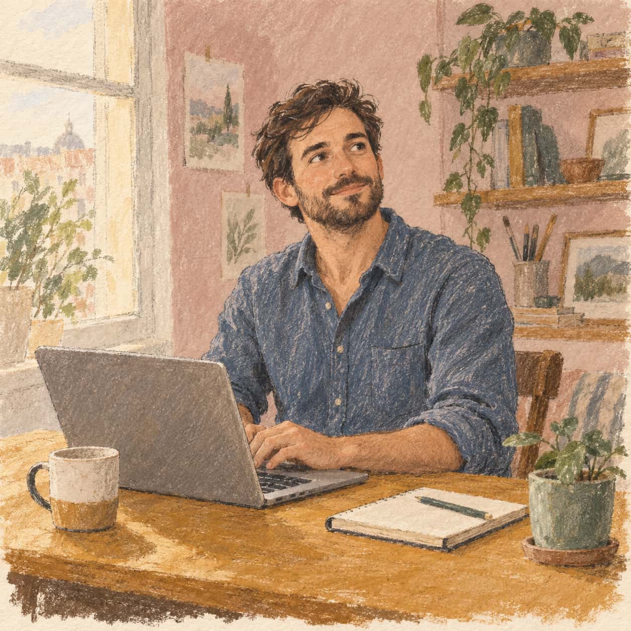 A fictional adult man with a short beard in a slate blue shirt types at a wooden desk by a window with a mug, a small plant and a notebook in loose graphite and gouache.