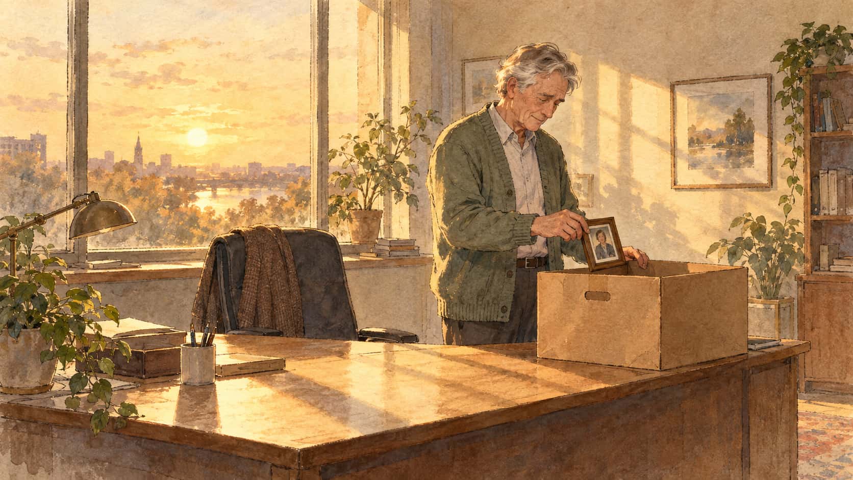 A fictional adult man with grey hair in a cardigan lifts a framed photograph into a cardboard box at his emptied office desk in golden afternoon light in a tinted line and wash sketch.