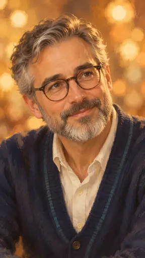A fictional adult man with a trimmed grey beard and round glasses in a navy cardigan listens with a gentle smile against glowing golden cafe lights in soft gouache brushwork.