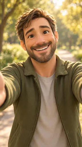 A fictional adult man with a short beard in an olive jacket smiles broadly with crinkled eyes and open arms in welcome on a sunny blurred park path in soft 3D style.