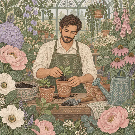A fictional adult man in a sage apron pots seedlings at a bench in a greenhouse among oversized pastel blooms covered in fine pen patterns.