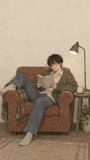 A fictional adult man with messy dark hair in an oversized olive cardigan slouches in a worn armchair reading a plain paperback beside a mug and a reading lamp in lo fi style.