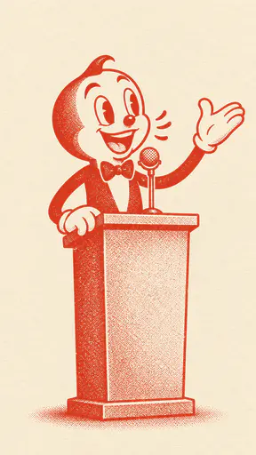 A fictional adult mascot in a bow tie speaks at a plain podium with one gloved hand raised and lips shaping a word in a single ink vermilion stamp style drawing on cream paper.