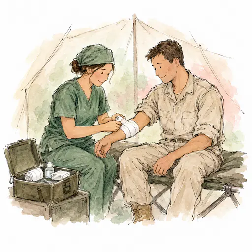 A fictional adult woman medic in green scrubs bandages the forearm of a seated adult patient in a tent clinic in a loose scribbly ink and watercolor illustration.